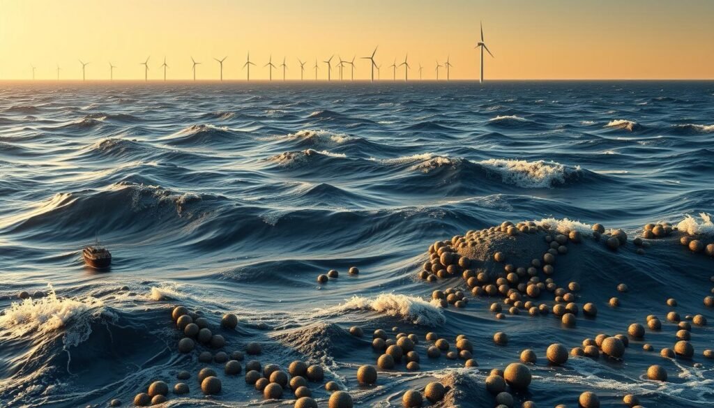 A sprawling seascape, teeming with polymetallic nodules on the seafloor. Amidst the undulating ocean waves, sleek research vessels and mining equipment explore the depths, harnessing the valuable resources of nickel, cobalt, and other rare earth metals. In the distance, wind turbines dot the horizon, symbolizing the interconnectedness of renewable energy and the extraction of these critical minerals. The scene is bathed in a warm, golden glow, reflecting the promise of a sustainable future powered by these abundant subsea resources.