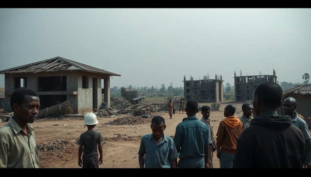 A stark, documentary-style image depicting the socioeconomic impact of reduced USAID funding on a developing community. In the foreground, dejected local residents gather around a dilapidated, half-finished community center, once a symbol of USAID development efforts. The middle ground shows crumbling infrastructure, with piles of unfinished construction materials and overgrown, abandoned worksites. In the background, a hazy, overcast sky casts a somber mood over the scene, emphasizing the sense of stagnation and decay. The lighting is natural, with muted tones and long shadows, capturing the harsh realities faced by this community in the wake of aid retrenchment.