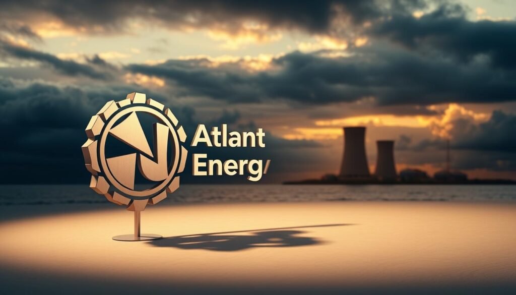 A striking three-dimensional rendering of the "Atlantic Nuclear Energy Partnership" logo, depicted against a backdrop of a dramatic, cloud-filled sky. The partnership's crest, rendered in sleek metallic tones, stands in the foreground, casting a sharp, angular shadow on the ground below. The middle ground features a stylized representation of the Atlantic Ocean, with gentle waves lapping at the shore. In the background, a nuclear power plant silhouette emerges, symbolizing the clean energy focus of the partnership. The entire scene is illuminated by a warm, golden light, conveying a sense of progress and collaboration. The image is captured from a slightly elevated angle, giving it a sense of authority and importance.