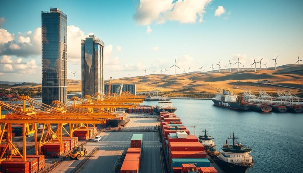 A sweeping panorama of economic interconnectedness. In the foreground, a bustling port scene with cargo ships deftly unloading their wares, cranes and forklifts in a well-choreographed dance. The middle ground features towering glass-and-steel skyscrapers, symbols of thriving financial centers, their windows reflecting the sky and surrounding activity. In the background, rolling hills dotted with wind turbines and solar panels, harnessing the clean energy that powers this economic engine. The lighting is warm and golden, creating a sense of prosperity and growth. The composition is dynamic, with a cinematic wide-angle lens that captures the scale and scope of this economic diplomacy in action. A sweeping panorama of economic interconnectedness. In the foreground, a bustling port scene with cargo ships deftly unloading their wares, cranes and forklifts in a well-choreographed dance. The middle ground features towering glass-and-steel skyscrapers, symbols of thriving financial centers, their windows reflecting the sky and surrounding activity. In the background, rolling hills dotted with wind turbines and solar panels, harnessing the clean energy that powers this economic engine. The lighting is warm and golden, creating a sense of prosperity and growth. The composition is dynamic, with a cinematic wide-angle lens that captures the scale and scope of this economic diplomacy in action.