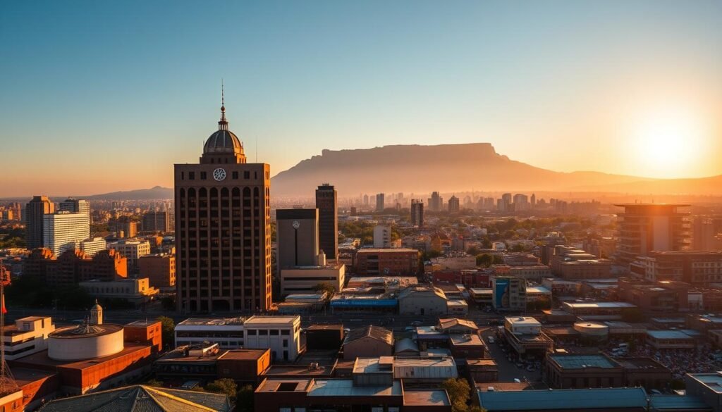A sweeping panoramic view of the Johannesburg skyline, with the iconic Union Buildings in the foreground, casting a shadow over the bustling city below. In the middle ground, a busy marketplace teeming with vibrant colors and textures, representing the rich cultural exchange between South Africa and India. In the background, the majestic Table Mountain stands tall, its silhouette a testament to the enduring global connections that tie the Global South together. The scene is bathed in warm, golden light, creating a sense of harmony and shared prosperity. The image conveys the idea of South Africa and India as intertwined hubs, shaping and reflecting the wider patterns of the Global South.