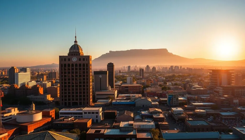 A sweeping panoramic view of the Johannesburg skyline, with the iconic Union Buildings in the foreground, casting a shadow over the bustling city below. In the middle ground, a busy marketplace teeming with vibrant colors and textures, representing the rich cultural exchange between South Africa and India. In the background, the majestic Table Mountain stands tall, its silhouette a testament to the enduring global connections that tie the Global South together. The scene is bathed in warm, golden light, creating a sense of harmony and shared prosperity. The image conveys the idea of South Africa and India as intertwined hubs, shaping and reflecting the wider patterns of the Global South.