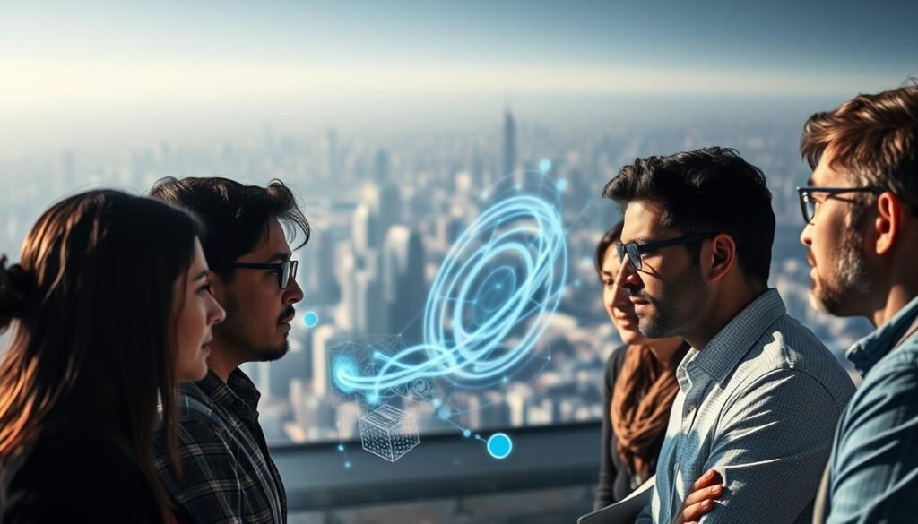 A thought-provoking scene of ethical decision-making in AI. In the foreground, a team of diverse AI researchers and engineers engaged in deep discussion, their faces reflecting the gravity of the choices before them. Subtle lighting casts dramatic shadows, lending an air of contemplation. In the middle ground, abstract data visualizations swirl, representing the complex web of considerations - algorithmic bias, privacy, accountability. The background depicts a vast, futuristic cityscape, hinting at the far-reaching implications of their decisions on the world beyond. An atmosphere of responsible innovation pervades the scene, as the team navigates the delicate balance between technological progress and ethical principles.