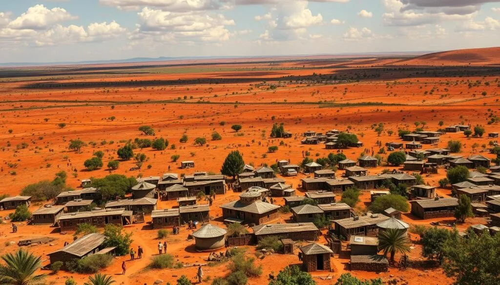 A vast African landscape, sun-drenched and weathered, symbolizing the enduring legacy of structural adjustment policies. In the foreground, a mosaic of local communities, their resilience etched in the faces of elders and the energy of the young. Towering edifices of government bureaucracy loom in the middle ground, casting long shadows over the fragile socioeconomic fabric. In the distance, the horizon is dotted with the faint silhouettes of international institutions, their influence permeating the very fabric of the state. The scene evokes a sense of tension, a delicate balance between the enduring spirit of the people and the complex web of global forces that have shaped their reality.