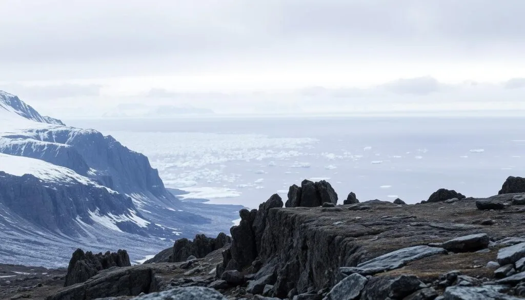 A vast Arctic landscape, where glaciers and icebergs glisten under a pale, diffused light. In the foreground, a rugged, windswept coastline with towering cliffs and jagged rocks. In the middle ground, a pristine polar sea stretches out, dotted with floating sea ice. In the distance, a vast expanse of snow-capped mountains rises against a hazy, overcast sky. The scene conveys a sense of raw, untamed natural beauty, tinged with an underlying fragility and vulnerability to the effects of climate change. Captured with a wide-angle lens and a low angle, highlighting the scale and grandeur of the Arctic ecosystem.
