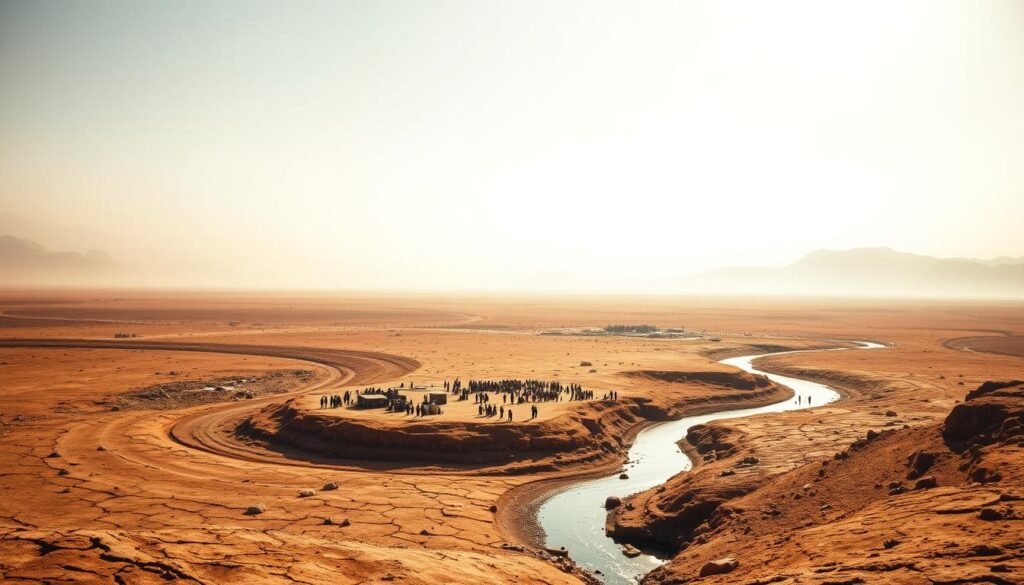A vast, arid expanse stretches across the Global South, scarred by the ravages of water scarcity. In the foreground, a parched riverbed winds through the landscape, its banks cracked and dry. Overhead, a scorching sun beats down, casting harsh shadows that accentuate the desperation of the scene. In the middle ground, communities gather around dwindling water sources, their faces etched with worry and conflict. The background is a tapestry of towering mountains and hazy, sun-drenched skies, a harsh reminder of the global forces that have brought these regions to the brink of crisis. Subtle hues of ochre, sienna, and dusky blue evoke the harsh, unforgiving beauty of the Global South, where the struggle for water has become a matter of life and death. A vast, arid expanse stretches across the Global South, scarred by the ravages of water scarcity. In the foreground, a parched riverbed winds through the landscape, its banks cracked and dry. Overhead, a scorching sun beats down, casting harsh shadows that accentuate the desperation of the scene. In the middle ground, communities gather around dwindling water sources, their faces etched with worry and conflict. The background is a tapestry of towering mountains and hazy, sun-drenched skies, a harsh reminder of the global forces that have brought these regions to the brink of crisis. Subtle hues of ochre, sienna, and dusky blue evoke the harsh, unforgiving beauty of the Global South, where the struggle for water has become a matter of life and death.