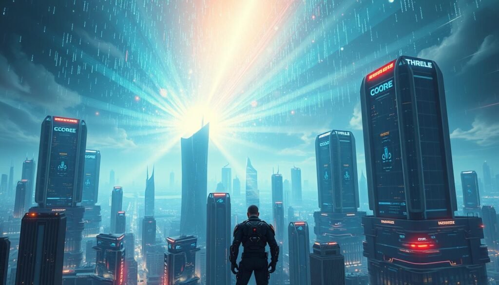 A vast cityscape dominated by towering cybersecurity fortresses, their sleek facades adorned with holograms and data streams. In the foreground, a lone figure clad in a high-tech exosuit, their every movement a dance of code and light, defending the digital frontier against unseen threats. The sky overhead is a kaleidoscope of cascading data, casting an ethereal glow over the scene. Rays of digital energy slice through the air, creating a tangible sense of power and urgency. The atmosphere is one of high-stakes conflict, where the fate of the digital world hangs in the balance, cybersecurity as the new frontline of global security. A vast cityscape dominated by towering cybersecurity fortresses, their sleek facades adorned with holograms and data streams. In the foreground, a lone figure clad in a high-tech exosuit, their every movement a dance of code and light, defending the digital frontier against unseen threats. The sky overhead is a kaleidoscope of cascading data, casting an ethereal glow over the scene. Rays of digital energy slice through the air, creating a tangible sense of power and urgency. The atmosphere is one of high-stakes conflict, where the fate of the digital world hangs in the balance, cybersecurity as the new frontline of global security.