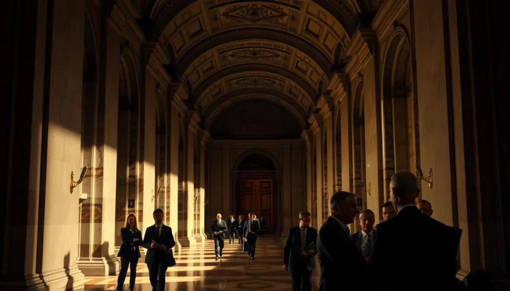 A vast, dimly lit corridor stretches endlessly, its ornate arched ceilings and imposing marble columns casting long, dramatic shadows. In the foreground, a group of serious-faced politicians engage in hushed, intense discussions, their body language conveying the high-stakes nature of their negotiations. The middle ground is dotted with aides and advisors, scurrying between meetings, clutching files and documents. In the distant background, a grand, oak-paneled doorway hints at the power centers just beyond, where critical decisions are made. The atmosphere is one of political intrigue, power struggles, and the delicate maneuverings of diplomacy, all captured in the moody, cinematic lighting of this corridors of influence.