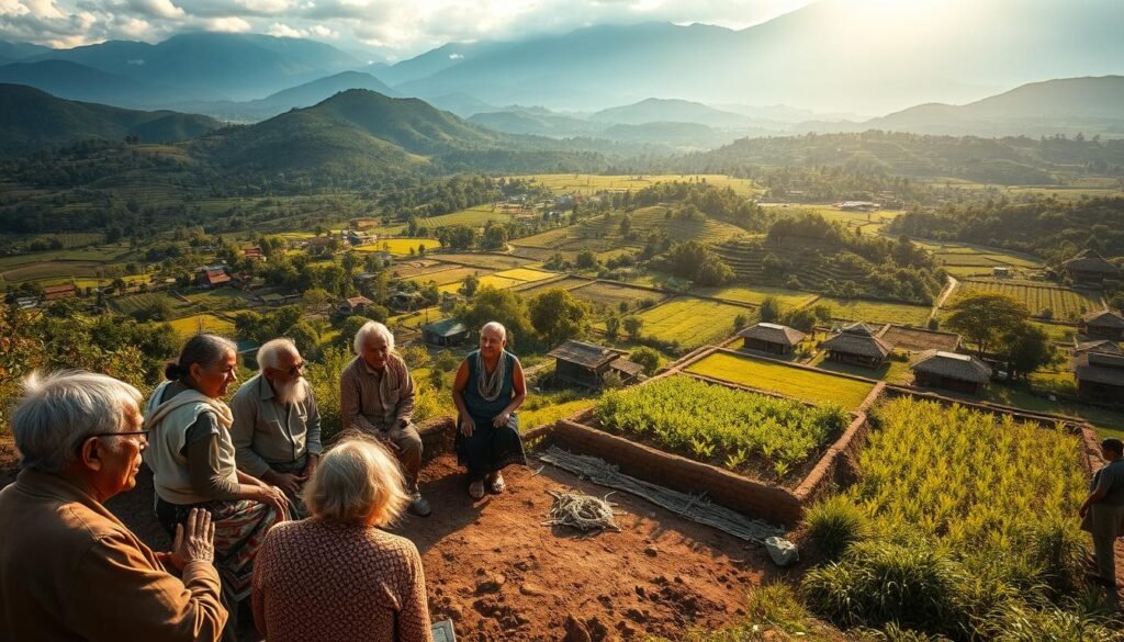 A vast expanse of lush, verdant landscapes stretches out, dotted with traditional mud-brick dwellings and indigenous communities. In the foreground, a group of elders and community members gather, animatedly discussing adaptation strategies in the face of climate change. Their weathered faces reflect the wisdom and resilience of generations. In the middle ground, a small-scale agricultural plot thrives, showcasing traditional farming techniques and sustainable resource management. The background is filled with towering mountains, their peaks shrouded in mist, symbolizing the timeless connection between the people and their natural environment. Warm, golden sunlight filters through the scene, casting a serene, timeless atmosphere. The overall composition conveys the importance of traditional and local knowledge in shaping effective climate adaptation strategies. A vast expanse of lush, verdant landscapes stretches out, dotted with traditional mud-brick dwellings and indigenous communities. In the foreground, a group of elders and community members gather, animatedly discussing adaptation strategies in the face of climate change. Their weathered faces reflect the wisdom and resilience of generations. In the middle ground, a small-scale agricultural plot thrives, showcasing traditional farming techniques and sustainable resource management. The background is filled with towering mountains, their peaks shrouded in mist, symbolizing the timeless connection between the people and their natural environment. Warm, golden sunlight filters through the scene, casting a serene, timeless atmosphere. The overall composition conveys the importance of traditional and local knowledge in shaping effective climate adaptation strategies.