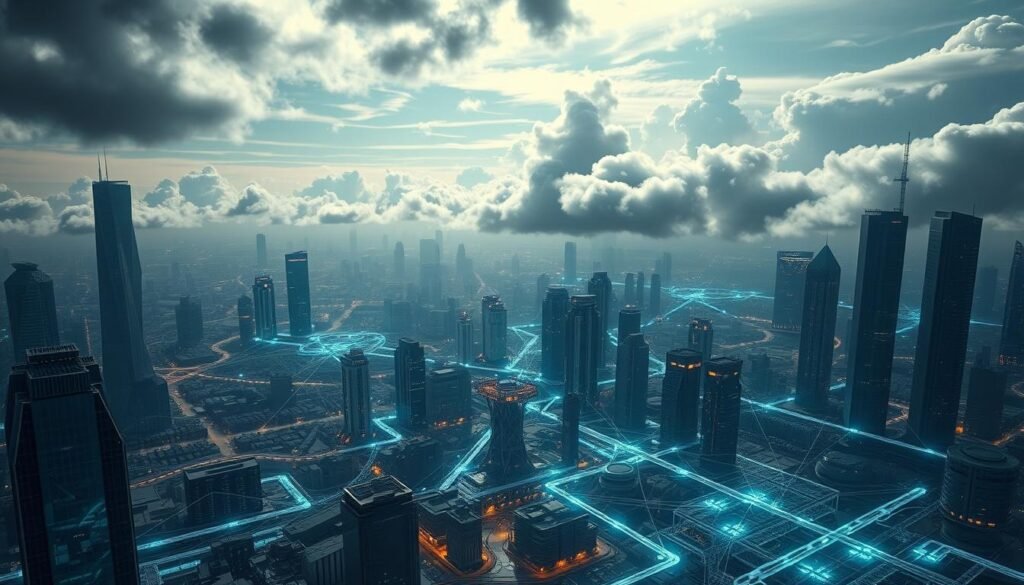 A vast, futuristic landscape of gleaming, interconnected infrastructure. Looming towers of steel and glass, their angular silhouettes casting long shadows across a cityscape. Pulsing grids of light, digital tendrils snaking through the urban sprawl, connecting critical systems. In the foreground, a complex web of wiring, circuits, and data streams, hinting at the sophisticated, unseen machinations of state-sponsored hackers. Ominous clouds gather overhead, their roiling forms echoing the chaos and volatility of the cyber battlefield. The scene is charged with a sense of imminent threat, a powerful, unseen force poised to strike at the heart of this vital network. Capture the tension and high-stakes drama of the Volt Typhoon campaign, a vivid, tech-noir interpretation of China's cyber-offensive against global critical infrastructure. A vast, futuristic landscape of gleaming, interconnected infrastructure. Looming towers of steel and glass, their angular silhouettes casting long shadows across a cityscape. Pulsing grids of light, digital tendrils snaking through the urban sprawl, connecting critical systems. In the foreground, a complex web of wiring, circuits, and data streams, hinting at the sophisticated, unseen machinations of state-sponsored hackers. Ominous clouds gather overhead, their roiling forms echoing the chaos and volatility of the cyber battlefield. The scene is charged with a sense of imminent threat, a powerful, unseen force poised to strike at the heart of this vital network. Capture the tension and high-stakes drama of the Volt Typhoon campaign, a vivid, tech-noir interpretation of China's cyber-offensive against global critical infrastructure.