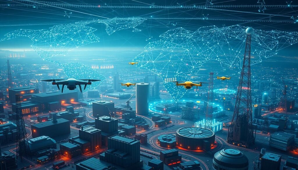 A vast, interconnected web of AI-powered technologies spanning global industries and supply chains. In the foreground, autonomous drones and robots navigate a complex landscape of automated factories, logistics hubs, and distribution centers. Towering data centers and cloud computing infrastructure loom in the middle ground, powering the AI's relentless expansion. In the background, a mosaic of satellite networks, undersea cables, and 5G towers weaves the digital fabric that connects it all, creating a seamless, AI-driven ecosystem that encapsulates the world. Ominous shadows cast by this AI dominance hint at the ethical dilemmas that lie beneath the surface. The scene is lit by a cool, ethereal glow, conveying a sense of technological omnipresence and the inexorable march of AI's influence across the globe.