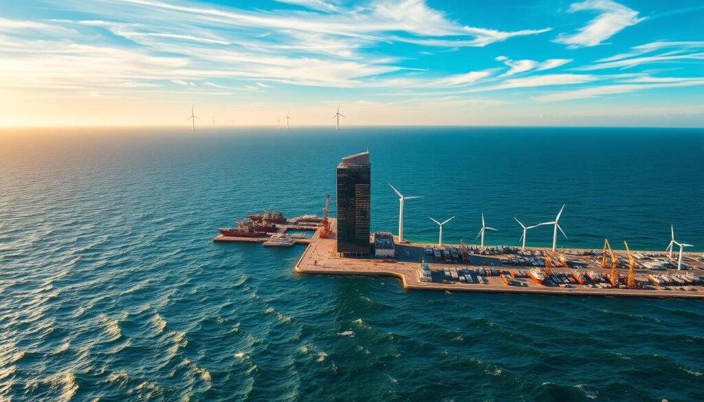 A vast ocean expanse, waves lapping against the shore. In the foreground, a bustling harbor filled with ships and cranes, symbolizing the dynamic U.S. Blue Economy. Towering offshore wind turbines dot the horizon, their sleek forms harnessing the power of the wind. In the middle ground, a gleaming modern office building, its glass facade reflecting the sun's rays, representing the investment and innovation driving the industry. The sky is a vibrant azure, with wispy clouds adding depth and dimension. Warm, golden lighting casts a hopeful glow over the scene, evoking a sense of economic prosperity and growth.