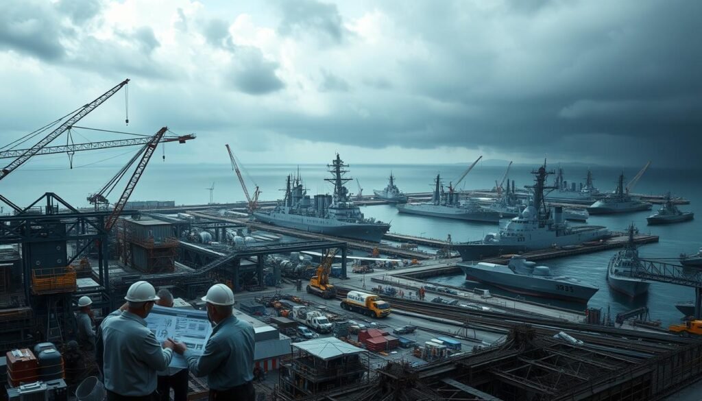 A vast shipyard nestled along a rugged coastline, cranes and scaffolding silhouetted against a stormy sky. In the foreground, naval architects scrutinize blueprints, discussing intricate designs for cutting-edge vessels. The middle ground buzzes with the rhythmic clanging of steel, workers tirelessly assembling the hulls of future warships and submarines. In the background, sleek destroyers and frigates sit moored, their angular profiles hinting at advanced propulsion and stealth capabilities. An atmosphere of geopolitical tension and technological innovation permeates the scene, capturing the essence of a global shipbuilding competition driven by strategic and environmental imperatives.