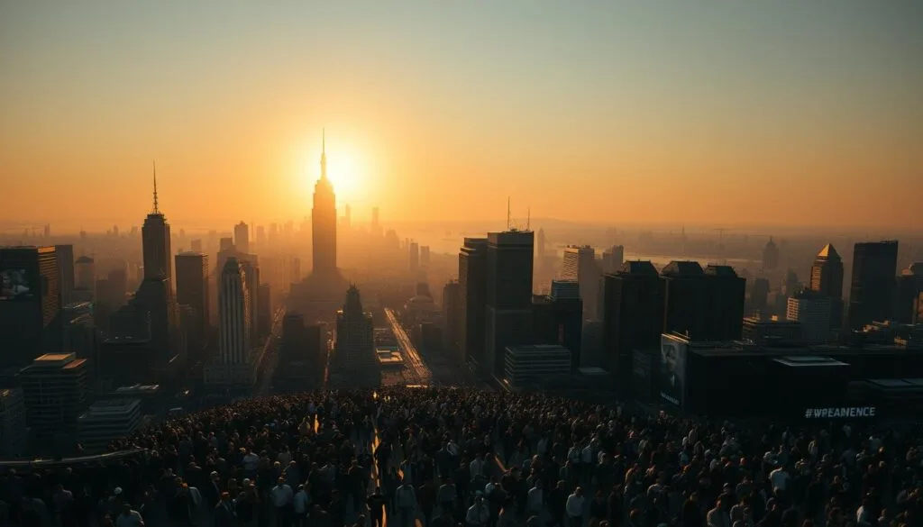 A vast, sprawling cityscape stretches across the frame, its skyscrapers and high-rises casting long shadows as the sun dips low on the horizon. In the foreground, a diverse crowd of people flows through the streets, their movements choreographed like a human tide. The lighting is dramatic, with deep shadows and highlighted edges, lending an air of tension and unease to the scene. In the middle ground, billboards and digital screens flash images and slogans, hinting at the forces at play behind the scenes. The background is a hazy, atmospheric blur, suggesting the global scale and complexity of the "demographic engineering" taking place. The overall mood is one of unsettling power dynamics, with the city and its inhabitants caught in the currents of an unseen, manipulative hand.