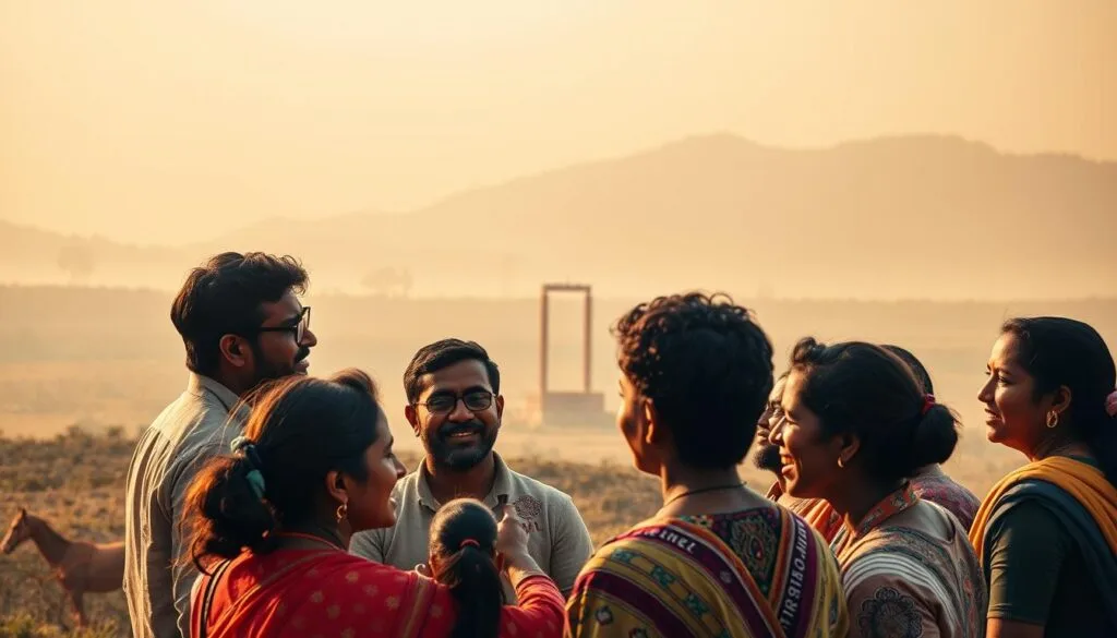 A vibrant, textured scene depicting decolonial perspectives on patronage. In the foreground, a group of diverse individuals engaged in animated discussion, their expressions conveying a sense of ethical inquiry and virtue politics. In the middle ground, an abstract representation of "cricket ethics" - a metaphor for alternative power structures and community-driven decision-making. The background features a muted, atmospheric landscape, suggesting the broader global context of postcolonial narratives. The lighting is warm and contemplative, creating a sense of depth and introspection. The overall composition is balanced and harmonious, inviting the viewer to engage with the nuanced, multifaceted exploration of patronage economies in the Global South.