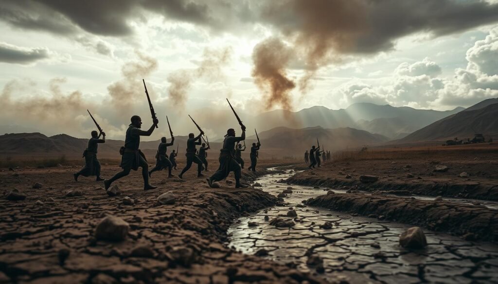 A war-torn landscape, scorched by the relentless sun, where parched earth and cracked riverbeds tell the tale of a desperate struggle for dwindling water resources. In the foreground, weary figures clash, their weapons raised against a backdrop of smoke-shrouded mountains and a turbulent, brooding sky. The scene conveys a sense of desperation and the harsh realities of climate-induced conflicts, where communities are pitted against one another in a fight for survival. The low-angle perspective and dramatic lighting lend a sense of urgency and impending doom, highlighting the gravity of the situation and the high stakes at play. A war-torn landscape, scorched by the relentless sun, where parched earth and cracked riverbeds tell the tale of a desperate struggle for dwindling water resources. In the foreground, weary figures clash, their weapons raised against a backdrop of smoke-shrouded mountains and a turbulent, brooding sky. The scene conveys a sense of desperation and the harsh realities of climate-induced conflicts, where communities are pitted against one another in a fight for survival. The low-angle perspective and dramatic lighting lend a sense of urgency and impending doom, highlighting the gravity of the situation and the high stakes at play.