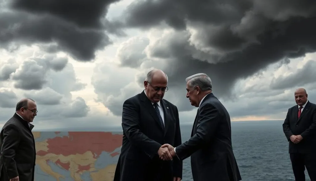 Dramatic storm clouds loom over a fragile peace agreement, symbolizing the risks and fragility of its implementation. In the foreground, leaders hesitantly shake hands, their expressions conveying uncertainty. The middle ground depicts a tattered map of the South Caucasus region, its boundaries blurred. In the background, the Caspian Sea shimmers, its shores a canvas for shifting alliances and realignments. Muted colors and sharp contrasts create a somber, foreboding atmosphere, capturing the precarious nature of this delicate diplomatic endeavor.